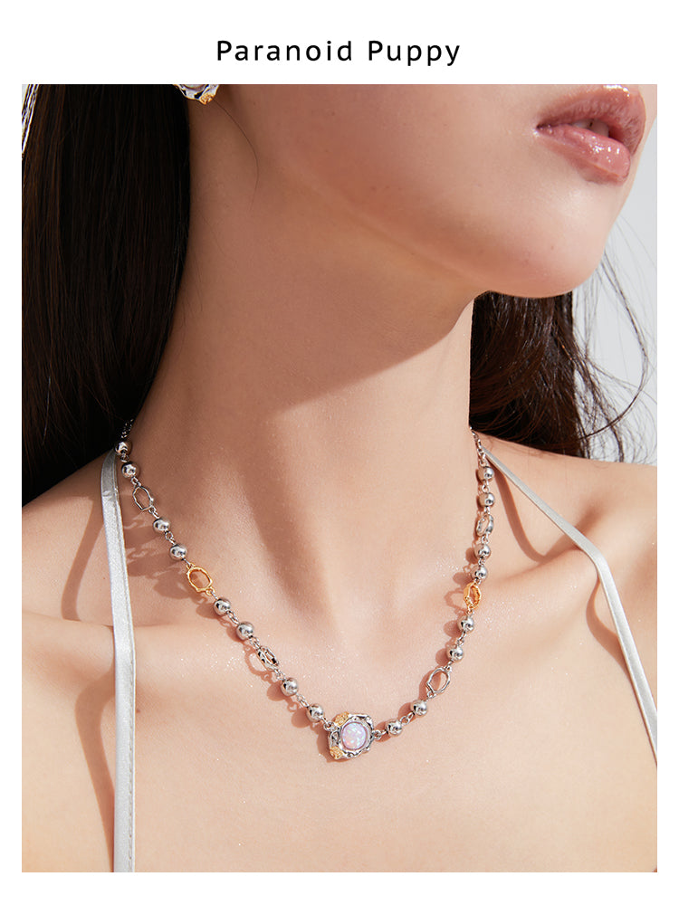 OPAL STEEL BALL PERSONALITY CLAVICLE CHAIN NECKLACE-POACHED EGG