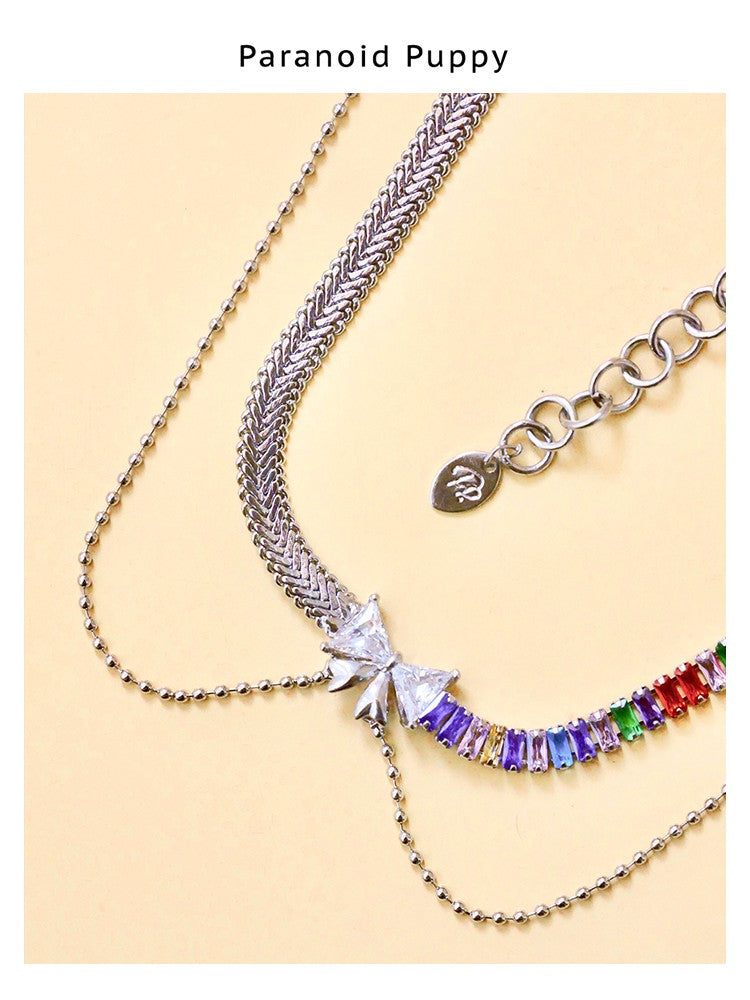 CORORED GEMSTONE BOW FRINGE NECKLACE-STAR FULL