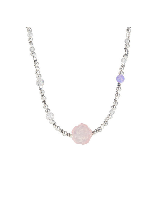 NATURAL PINK ROSE AGATE SOLID CRUSH SILVER STERLIN SILVER NECKLACE-CONSTANCE