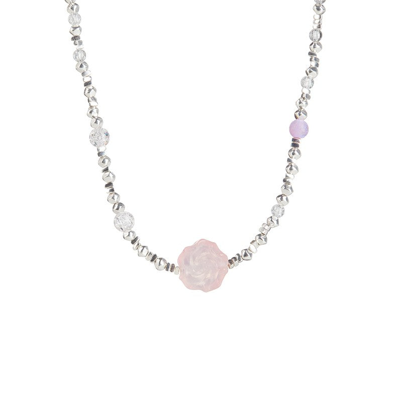 NATURAL PINK ROSE AGATE SOLID CRUSH SILVER STERLIN SILVER NECKLACE-CONSTANCE